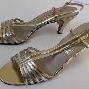 Salvatore Ferragamo  Tiffany Slingback Strappy  Gold Leather Sandals 8 Vintage
